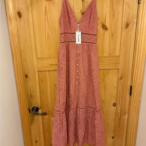 Elegant Pink Eyelet Maxi Dress With Pearl Buttons Size Medium NWT